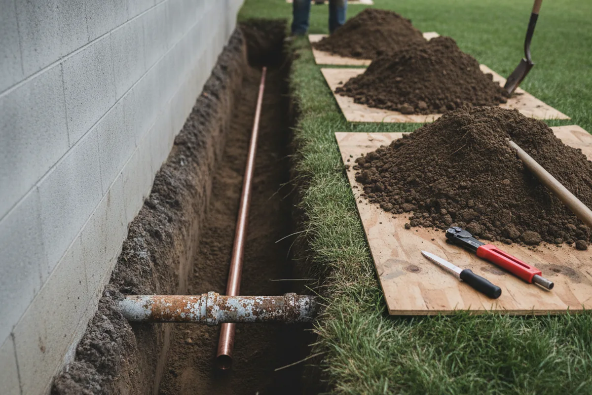 Excavated water line trench during Water Softener Installation in Troy